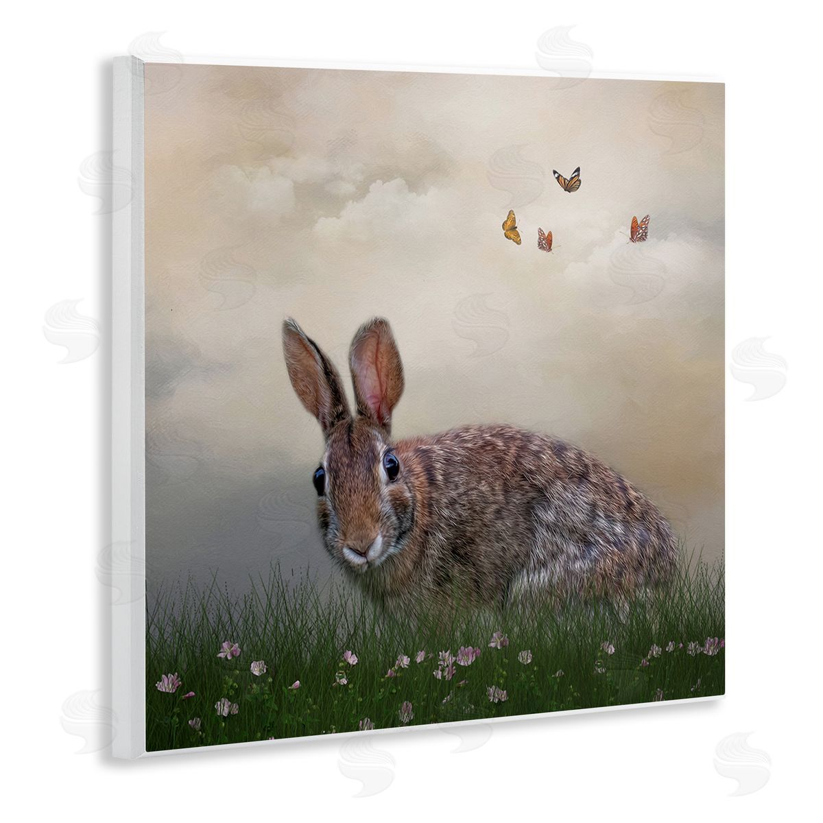 Kelley Parker Spring Rabbit Meadow Butterflies Wooden Wall Plaque Art Print
