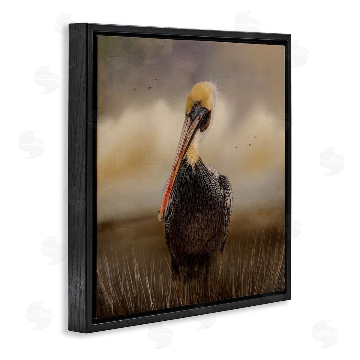 Kelley Parker Pelican Cloudy Nature Sky Wildlife Black Floating Frame Canvas Wall Art Print