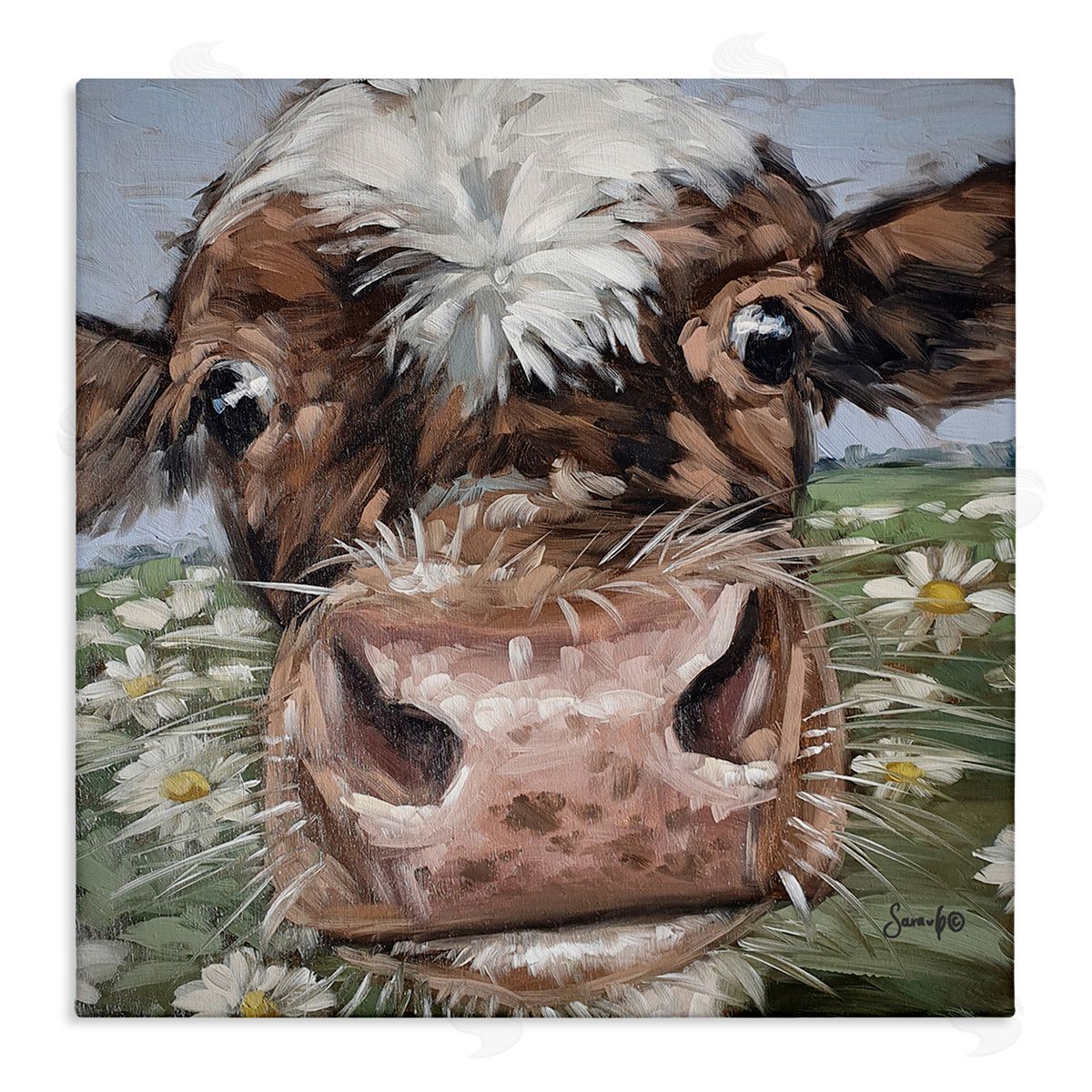 Sara G. Designs Close Up Cow Daisy Meadow Painting Stretched Canvas Wall Art Print