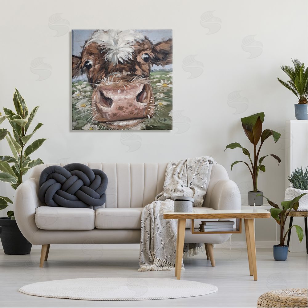 Sara G. Designs Close Up Cow Daisy Meadow Painting Canvas Wall Art in Room