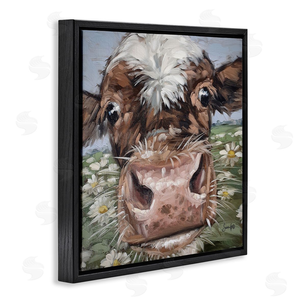 Sara G. Designs Close Up Cow Daisy Meadow Painting Black Floating Frame Canvas Wall Art Print