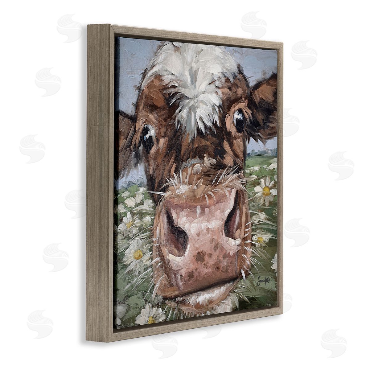 Sara G. Designs Close Up Cow Daisy Meadow Painting Brown Floating Frame Canvas Wall Art Print