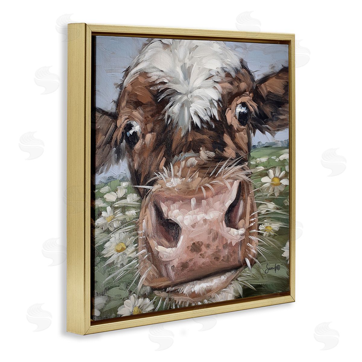 Sara G. Designs Close Up Cow Daisy Meadow Painting Gold Floating Frame Canvas Wall Art Print