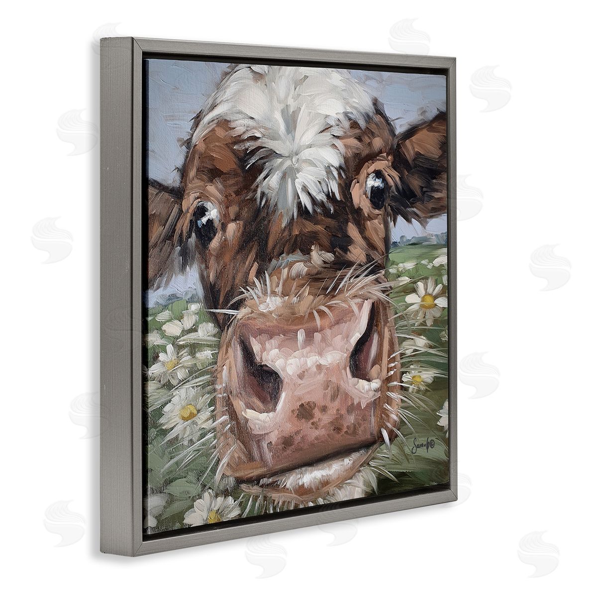 Sara G. Designs Close Up Cow Daisy Meadow Painting Gray Floating Frame Canvas Wall Art Print