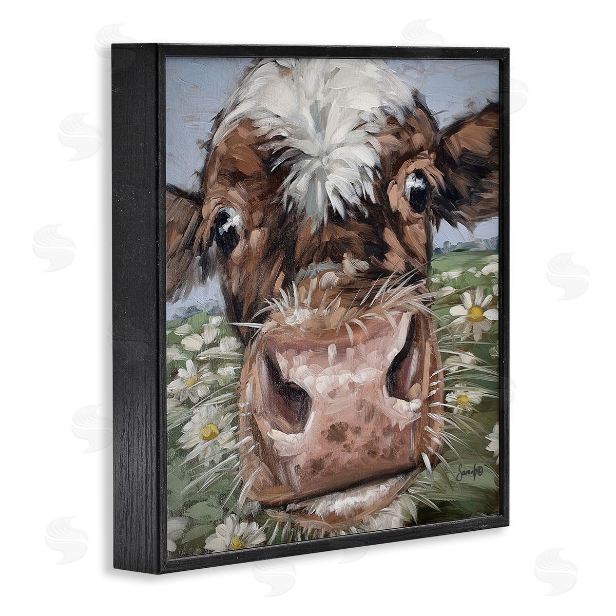 Sara G. Designs Close Up Cow Daisy Meadow Painting Black Framed Glicee Wall Art Print