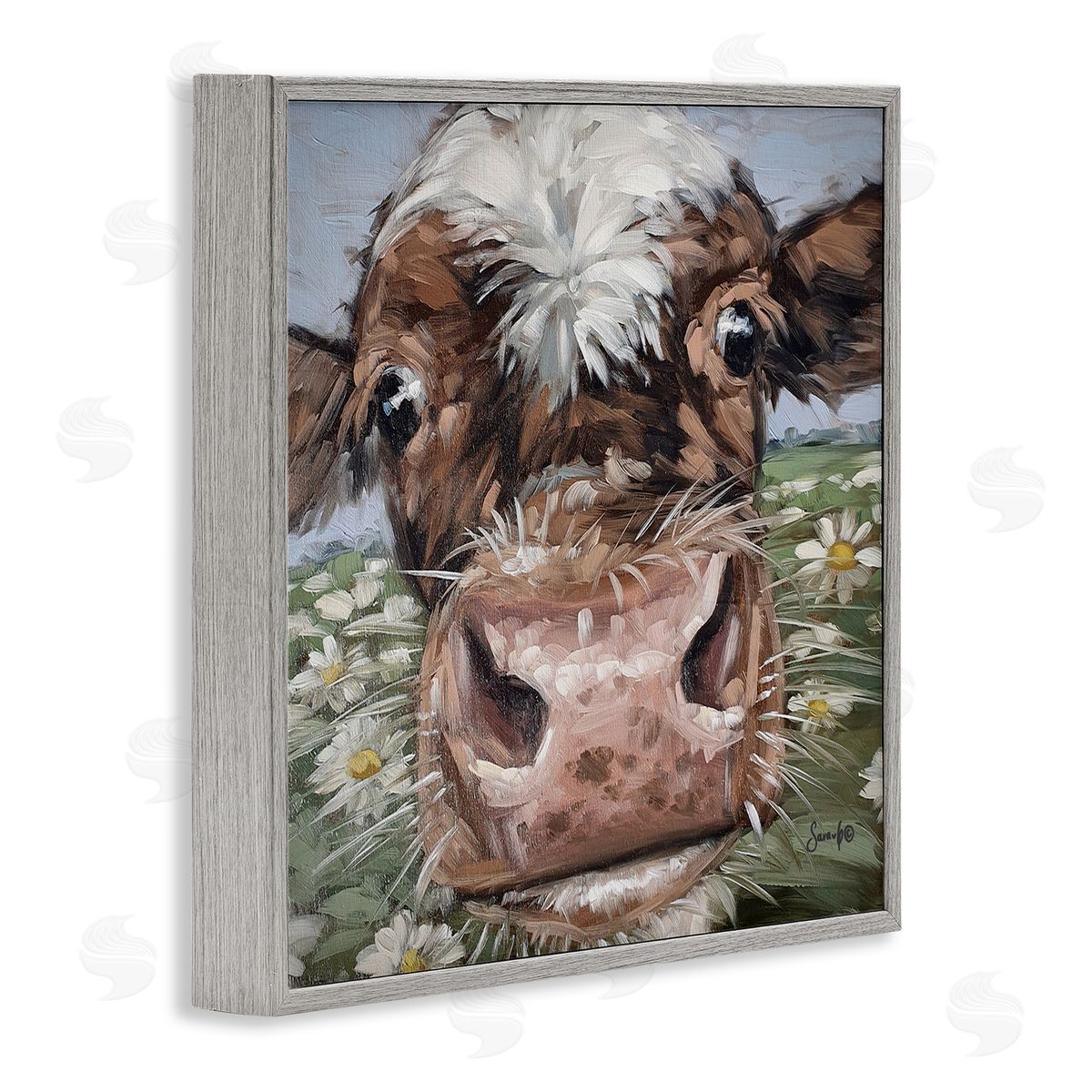Sara G. Designs Close Up Cow Daisy Meadow Painting Gray Framed Glicee Wall Art Print