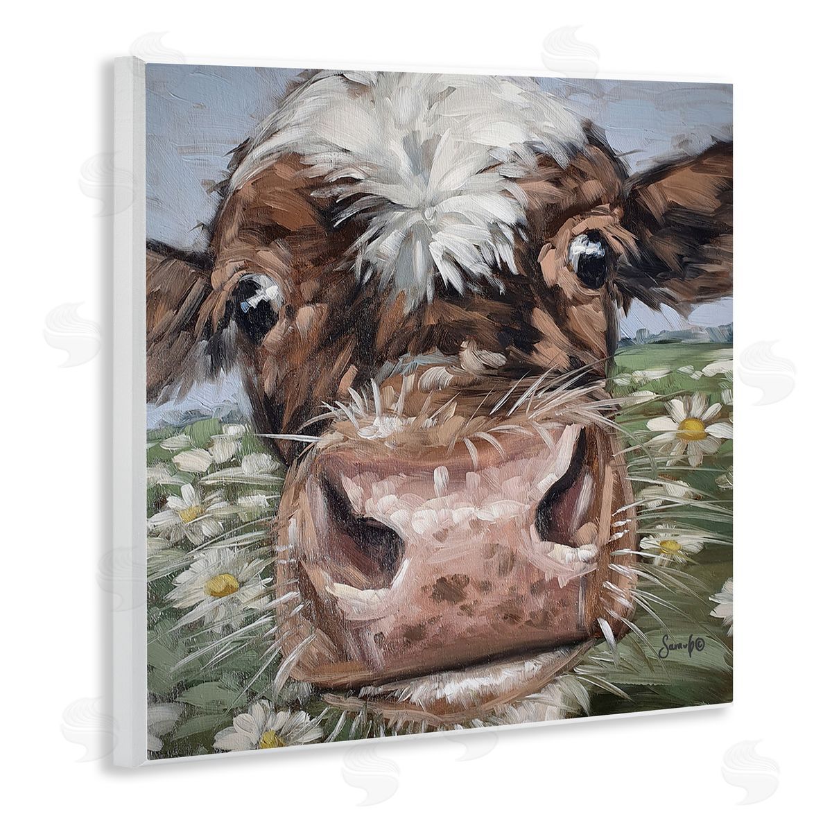 Sara G. Designs Close Up Cow Daisy Meadow Painting Wooden Wall Plaque Art Print