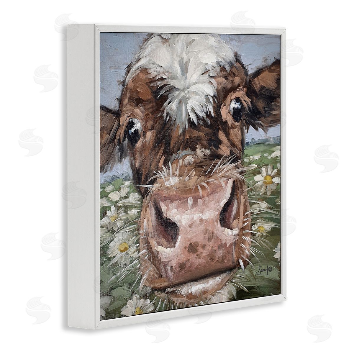 Sara G. Designs Close Up Cow Daisy Meadow Painting White Framed Glicee Wall Art Print