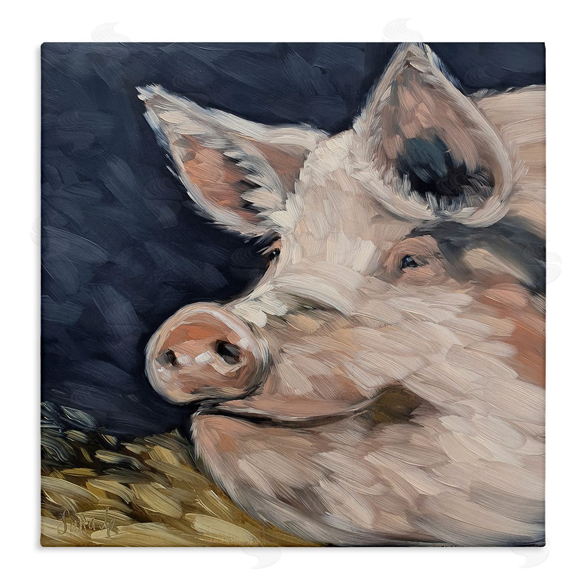 Sara G. Designs Smiling Pig Farmhouse Animal Stretched Canvas Wall Art Print
