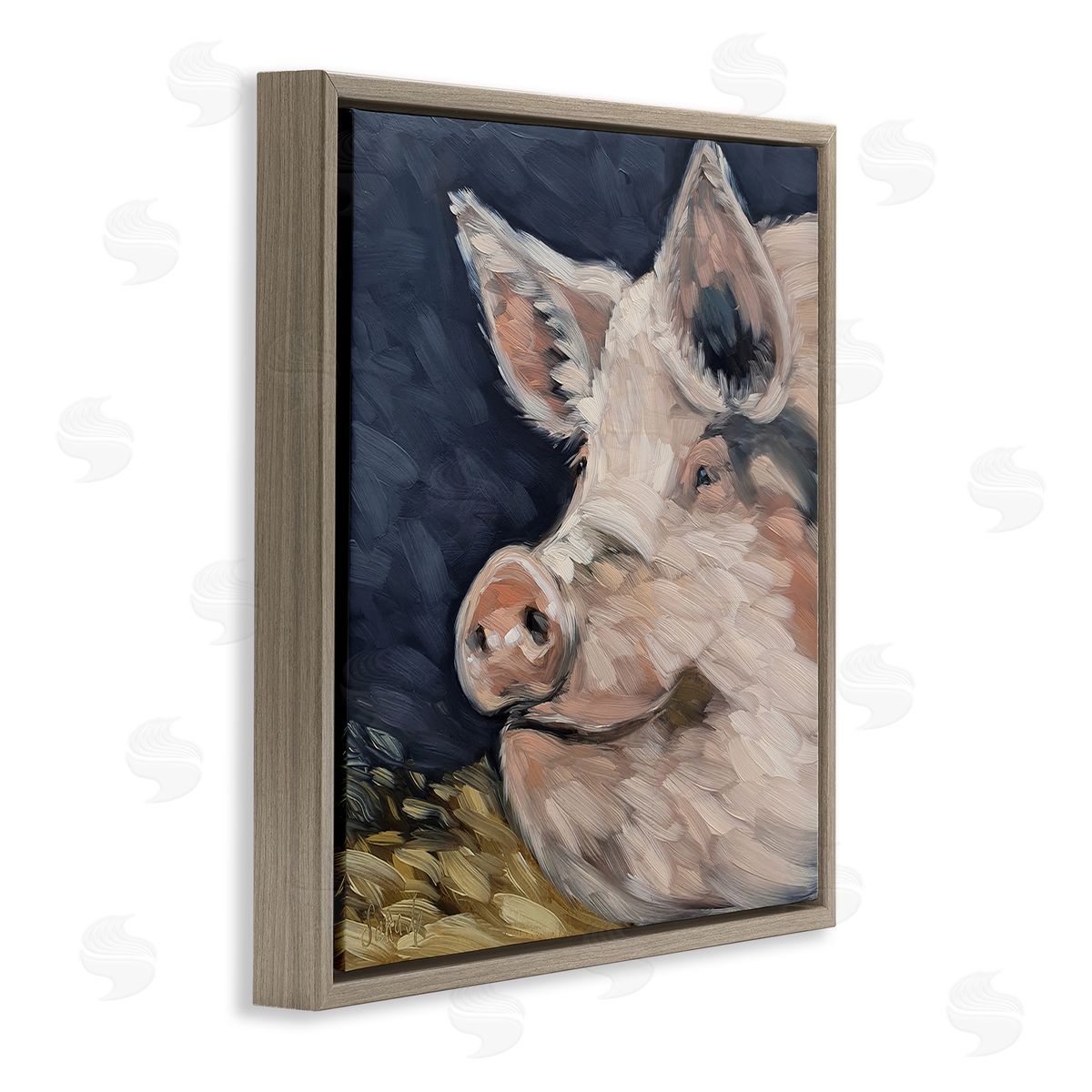 Sara G. Designs Smiling Pig Farmhouse Animal Brown Floating Frame Canvas Wall Art Print
