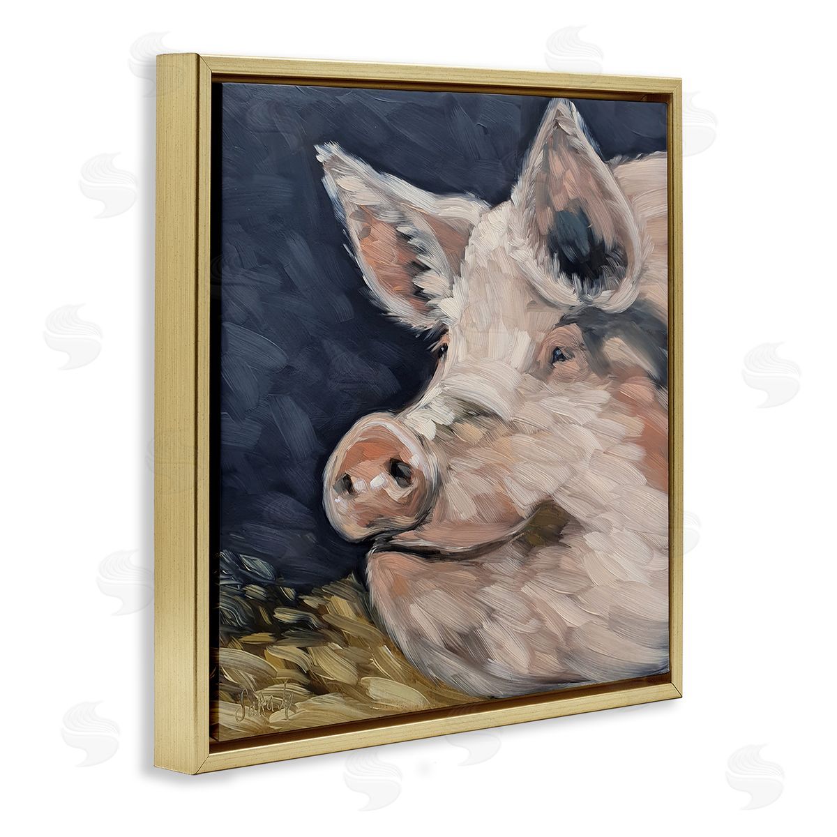 Sara G. Designs Smiling Pig Farmhouse Animal Gold Floating Frame Canvas Wall Art Print