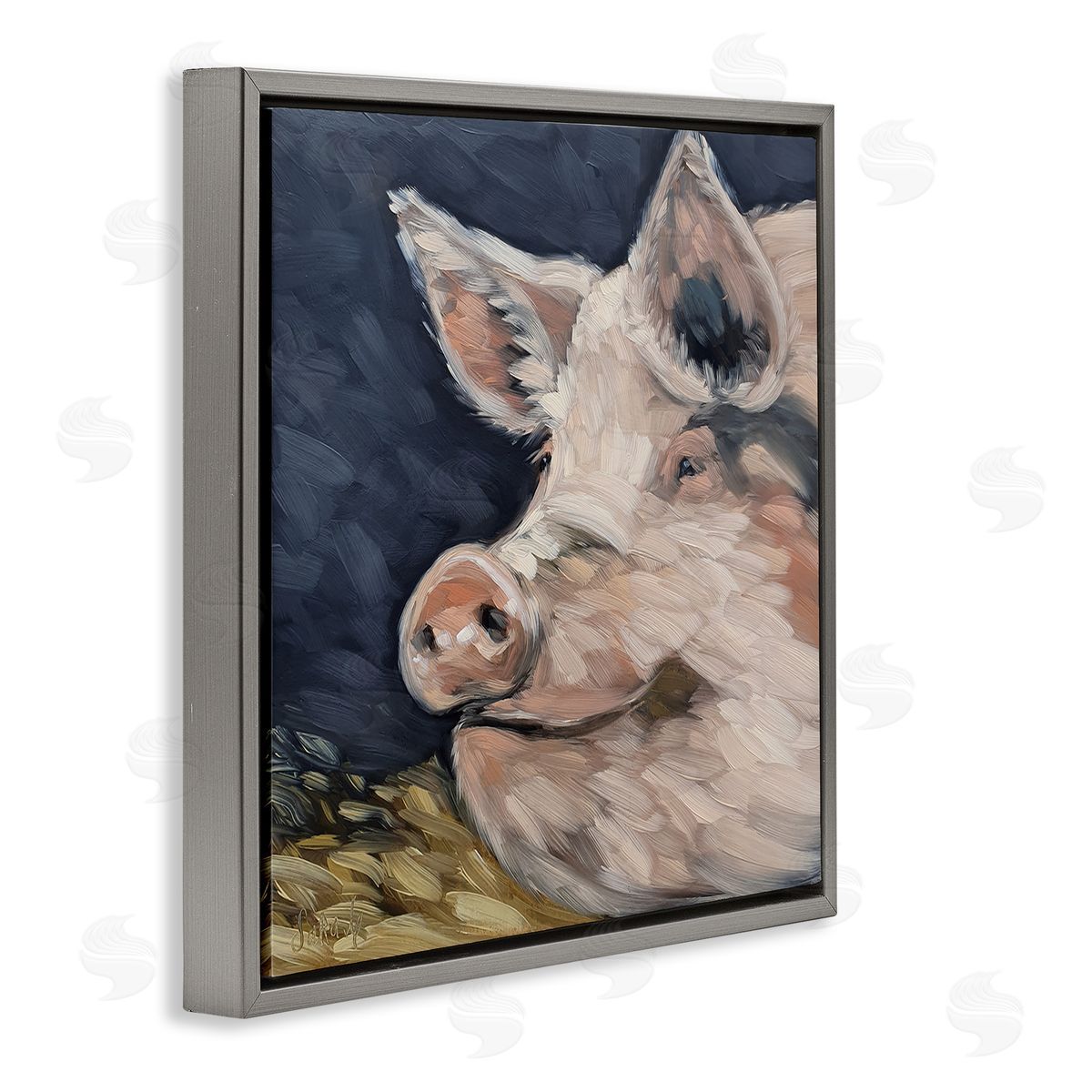 Sara G. Designs Smiling Pig Farmhouse Animal Gray Floating Frame Canvas Wall Art Print