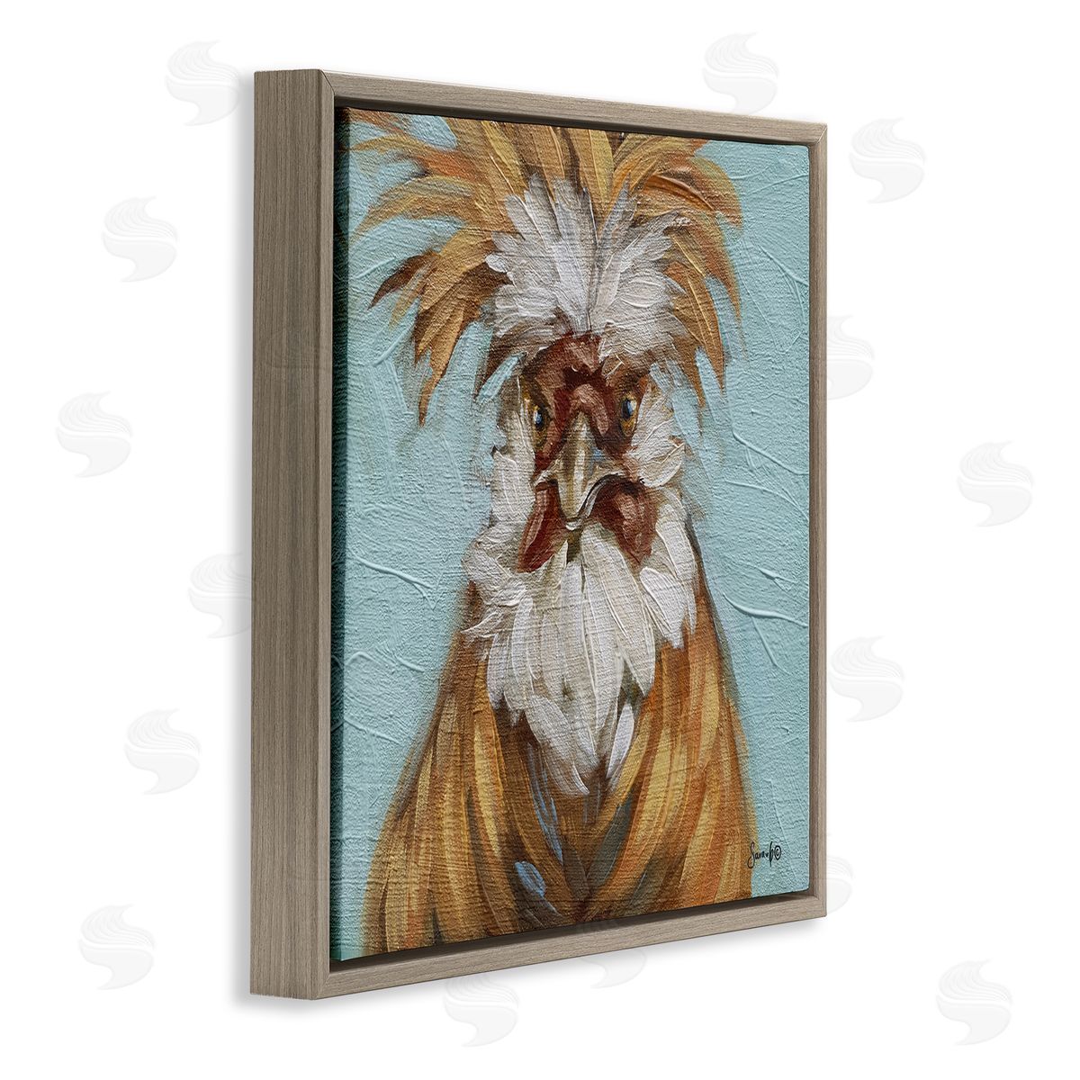 Sara G. Designs Blue Country Rooster Portrait Brown Floating Frame Canvas Wall Art Print