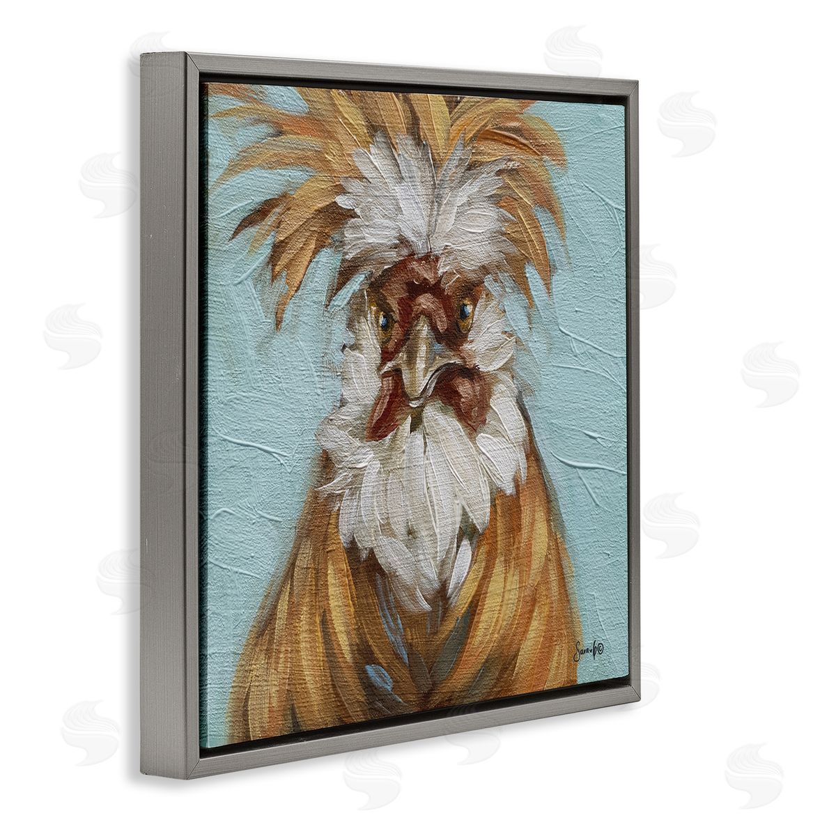Sara G. Designs Blue Country Rooster Portrait Gray Floating Frame Canvas Wall Art Print