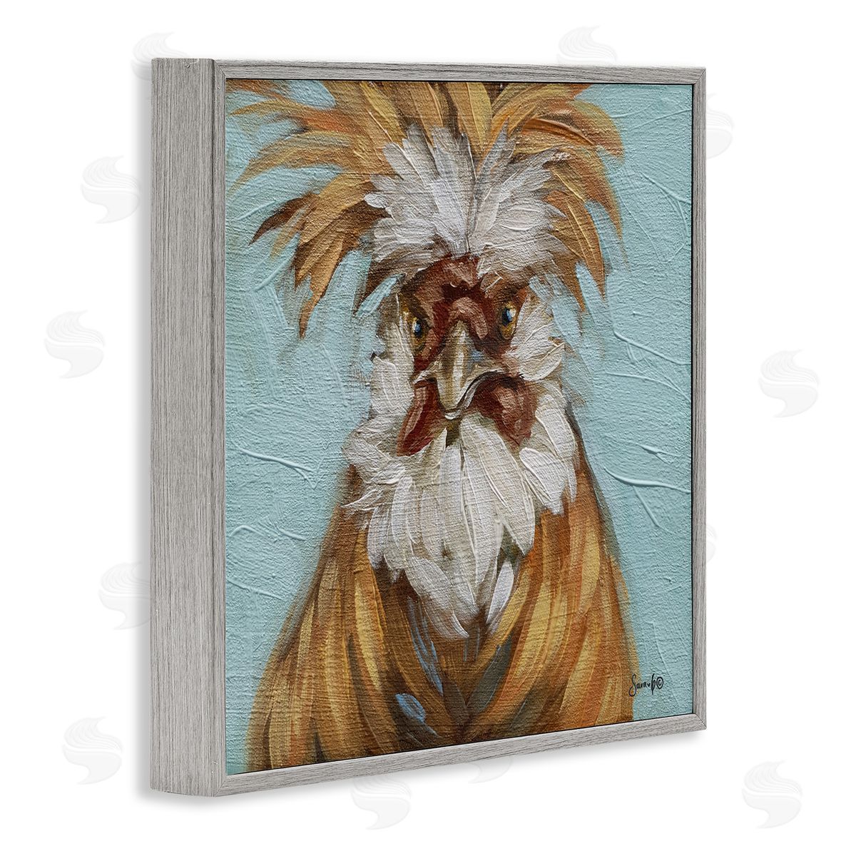 Sara G. Designs Blue Country Rooster Portrait Gray Framed Glicee Wall Art Print