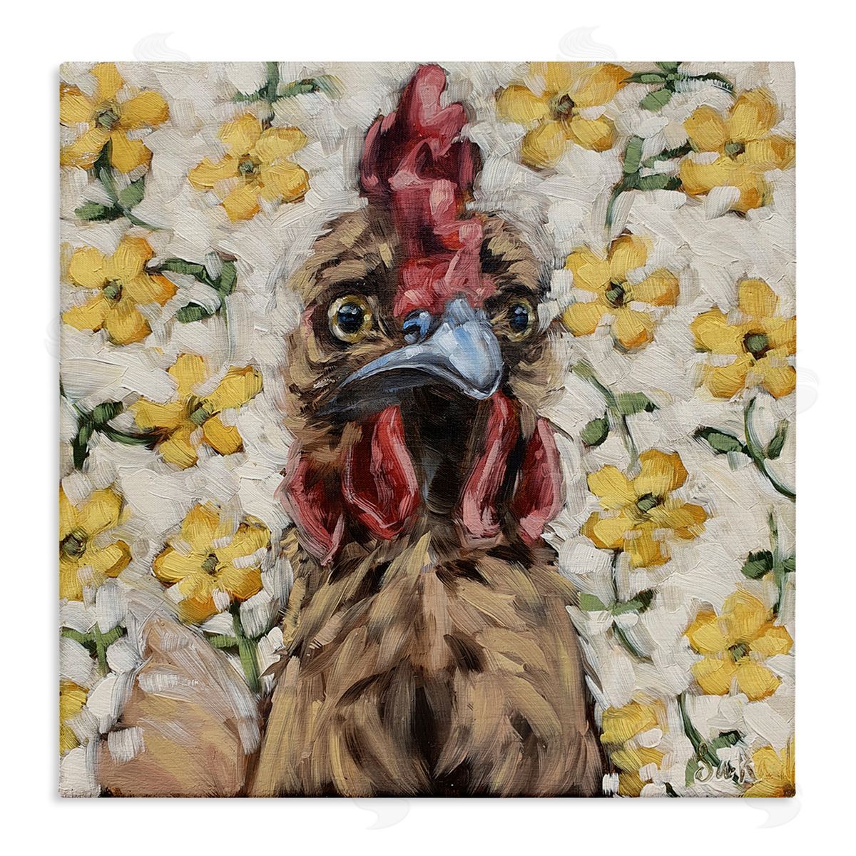 Sara G. Designs Farmhouse Chicken Yellow Flower Pattern Stretched Canvas Wall Art Print