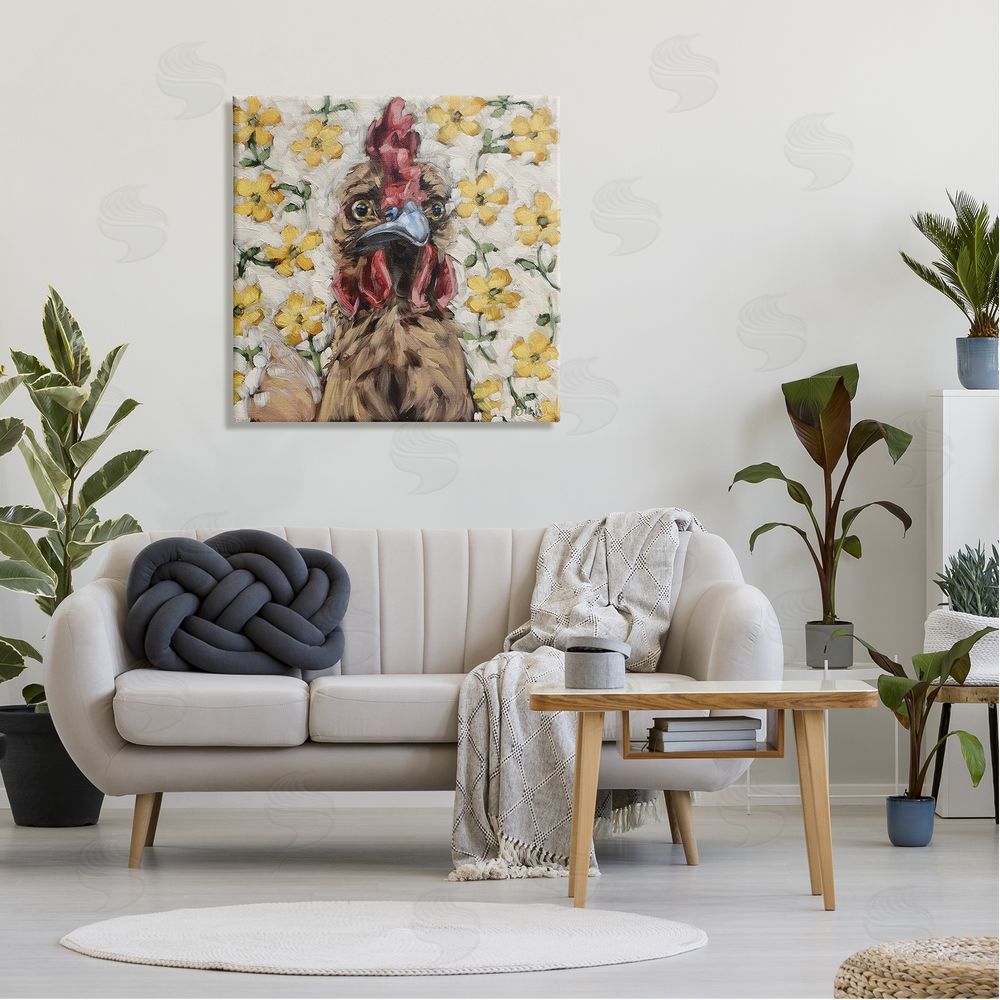 Sara G. Designs Farmhouse Chicken Yellow Flower Pattern Canvas Wall Art in Room