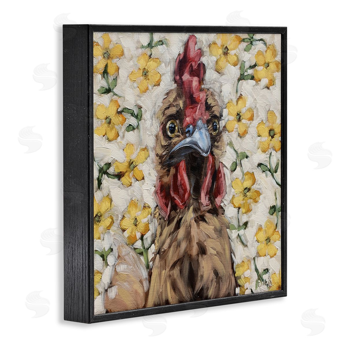 Sara G. Designs Farmhouse Chicken Yellow Flower Pattern Black Framed Glicee Wall Art Print