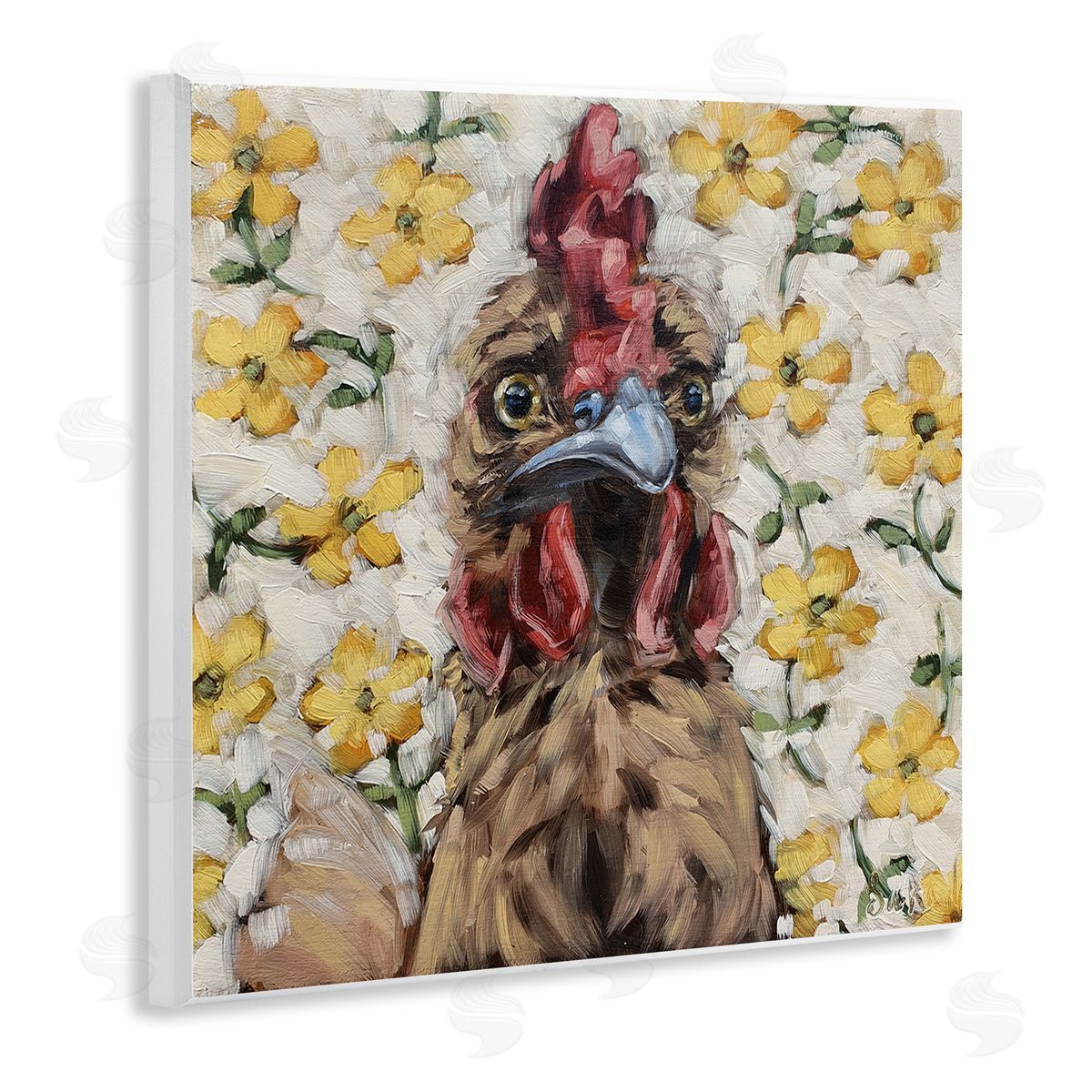 Sara G. Designs Farmhouse Chicken Yellow Flower Pattern Wooden Wall Plaque Art Print