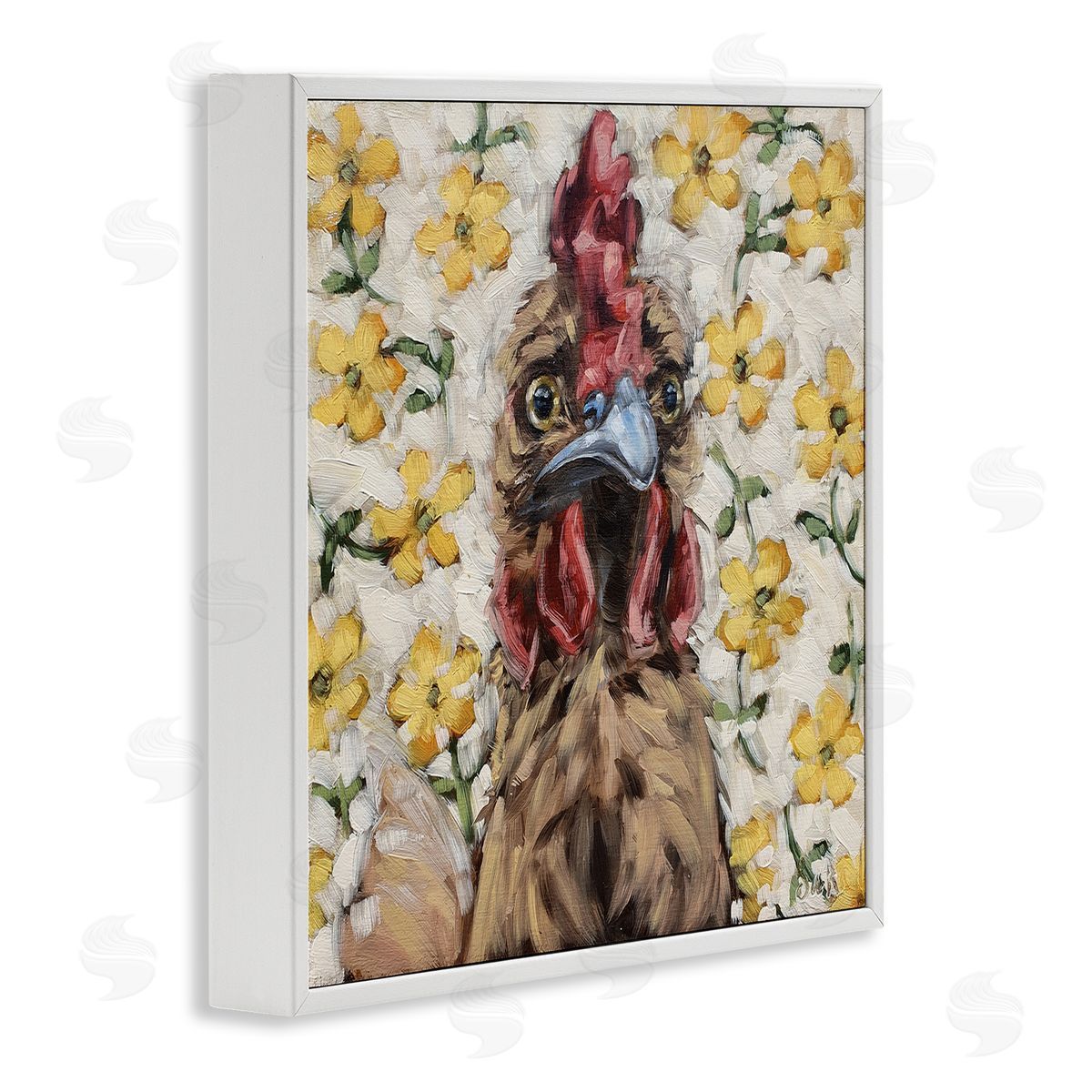 Sara G. Designs Farmhouse Chicken Yellow Flower Pattern White Framed Glicee Wall Art Print