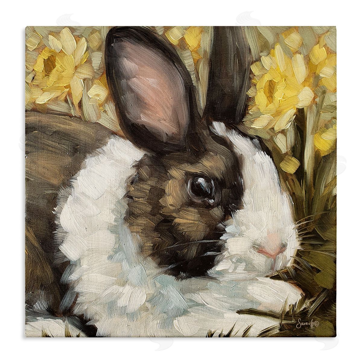 Sara G. Designs Rabbit Blooming Daffodils Nature Stretched Canvas Wall Art Print