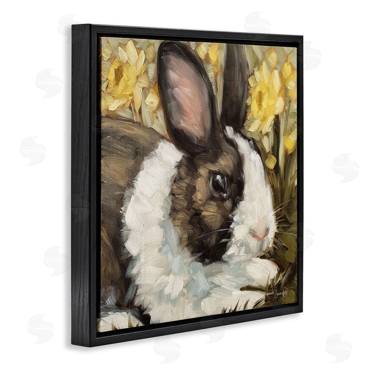 Sara G. Designs Rabbit Blooming Daffodils Nature Black Floating Frame Canvas Wall Art Print
