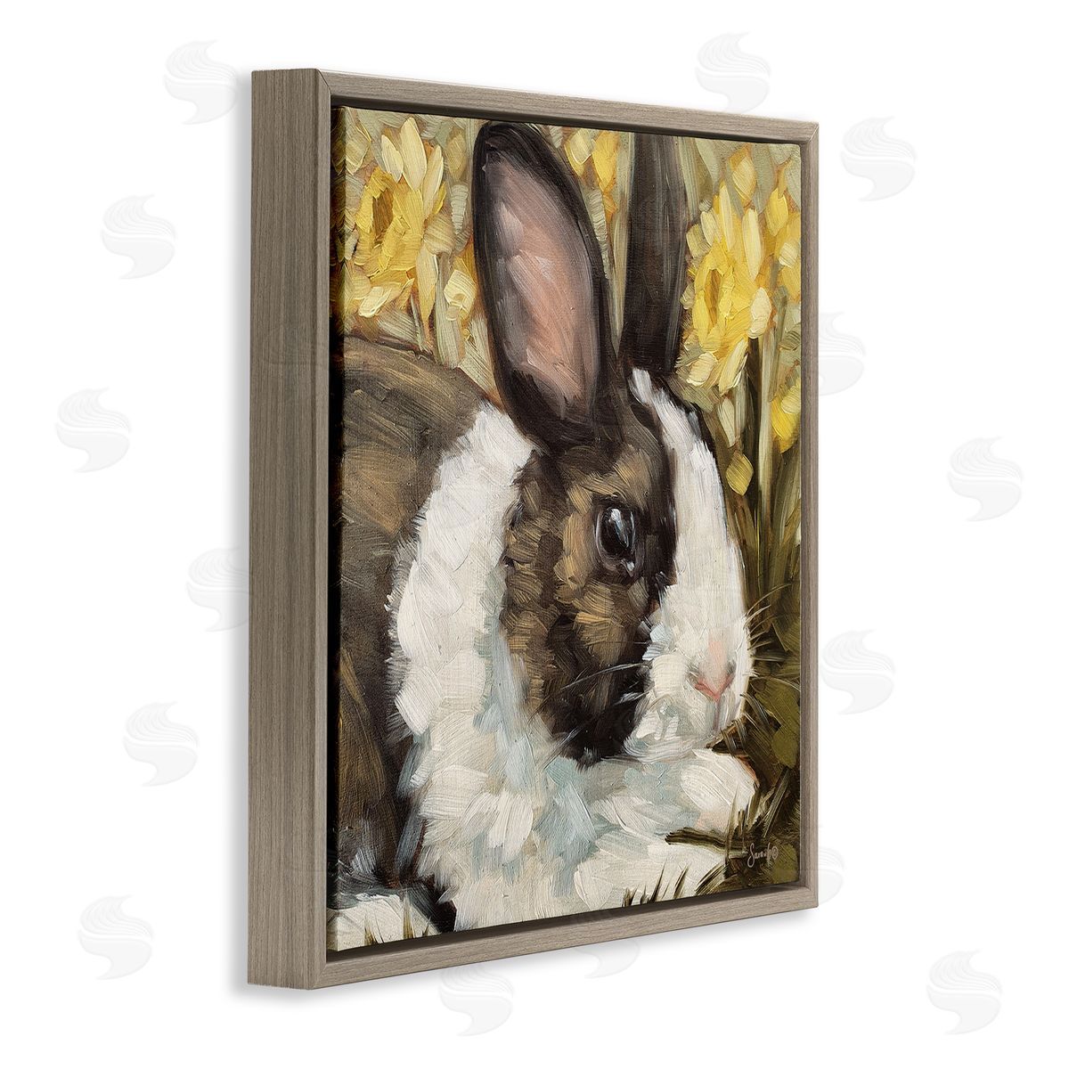 Sara G. Designs Rabbit Blooming Daffodils Nature Brown Floating Frame Canvas Wall Art Print