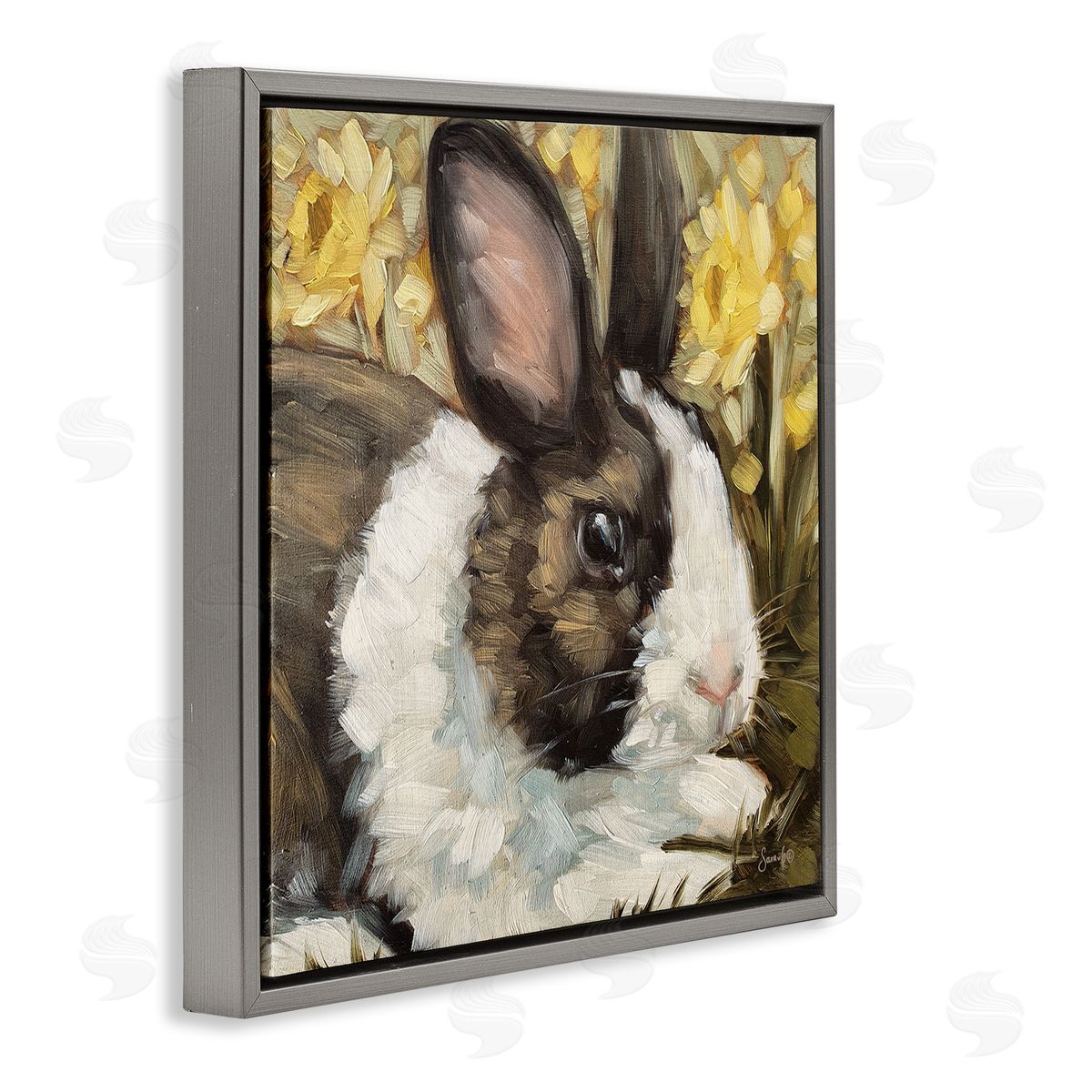 Sara G. Designs Rabbit Blooming Daffodils Nature Gray Floating Frame Canvas Wall Art Print