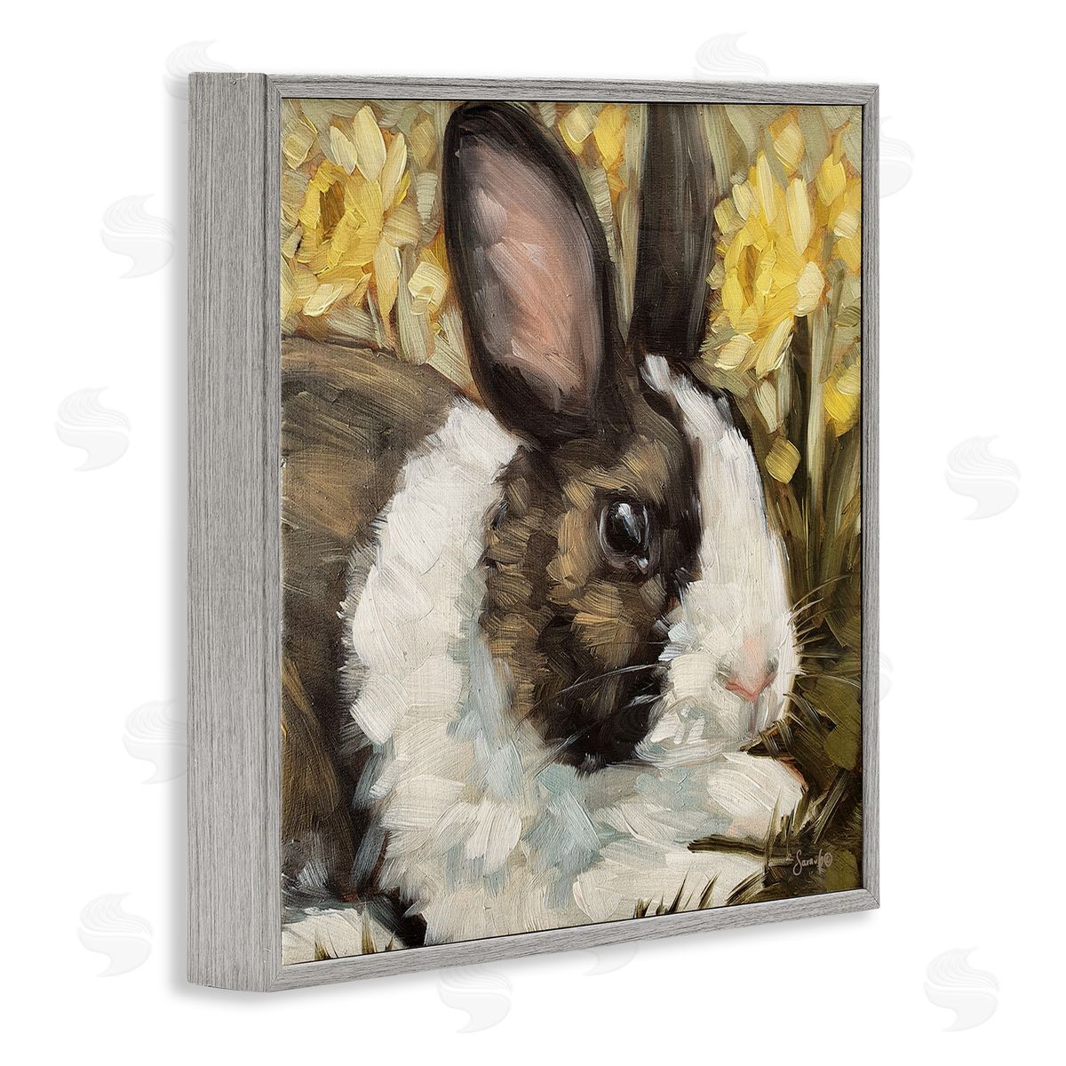 Sara G. Designs Rabbit Blooming Daffodils Nature Gray Framed Glicee Wall Art Print