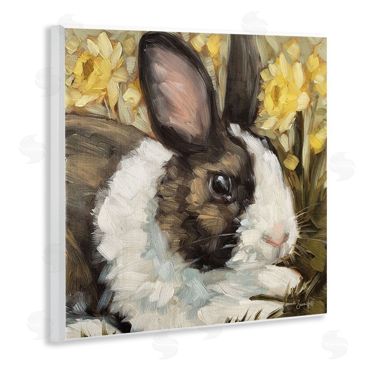 Sara G. Designs Rabbit Blooming Daffodils Nature Wooden Wall Plaque Art Print