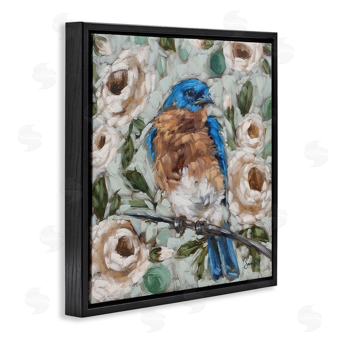 Sara G. Designs Bluebird Perched Floral Blooms Black Floating Frame Canvas Wall Art Print