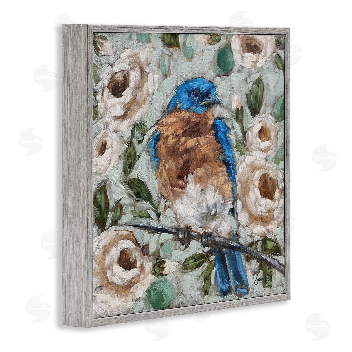 Sara G. Designs Bluebird Perched Floral Blooms Gray Framed Glicee Wall Art Print