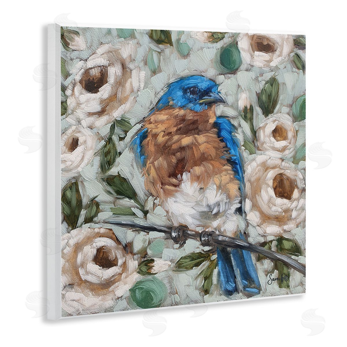 Sara G. Designs Bluebird Perched Floral Blooms Wooden Wall Plaque Art Print
