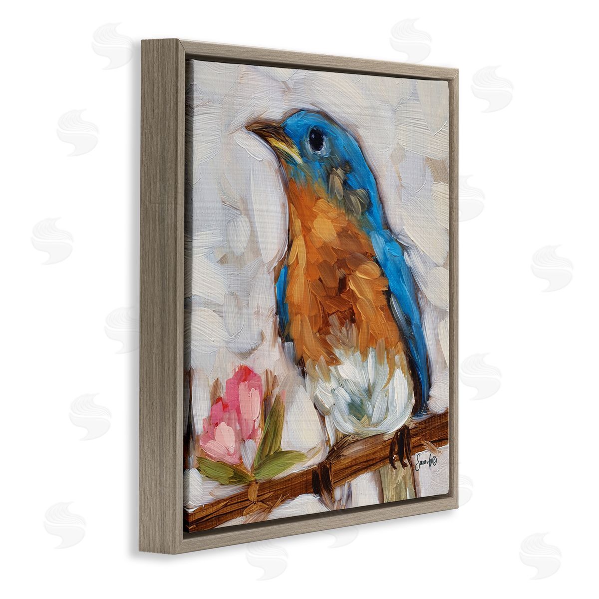 Sara G. Designs Bluebird Wildlife Blooming Flower Tree Brown Floating Frame Canvas Wall Art Print