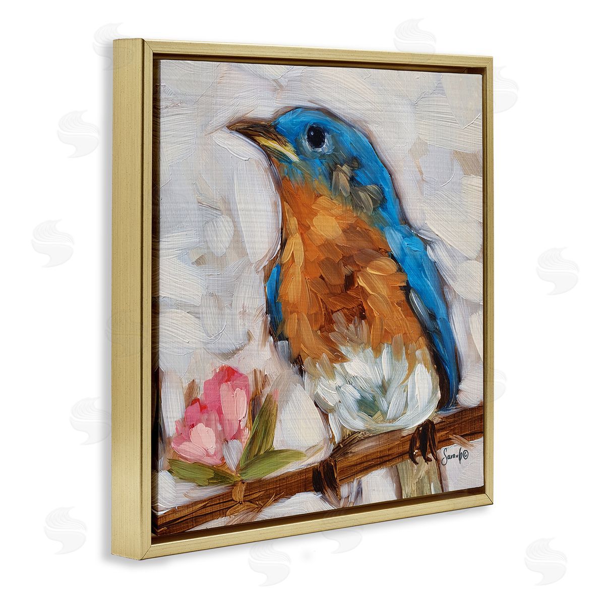 Sara G. Designs Bluebird Wildlife Blooming Flower Tree Gold Floating Frame Canvas Wall Art Print