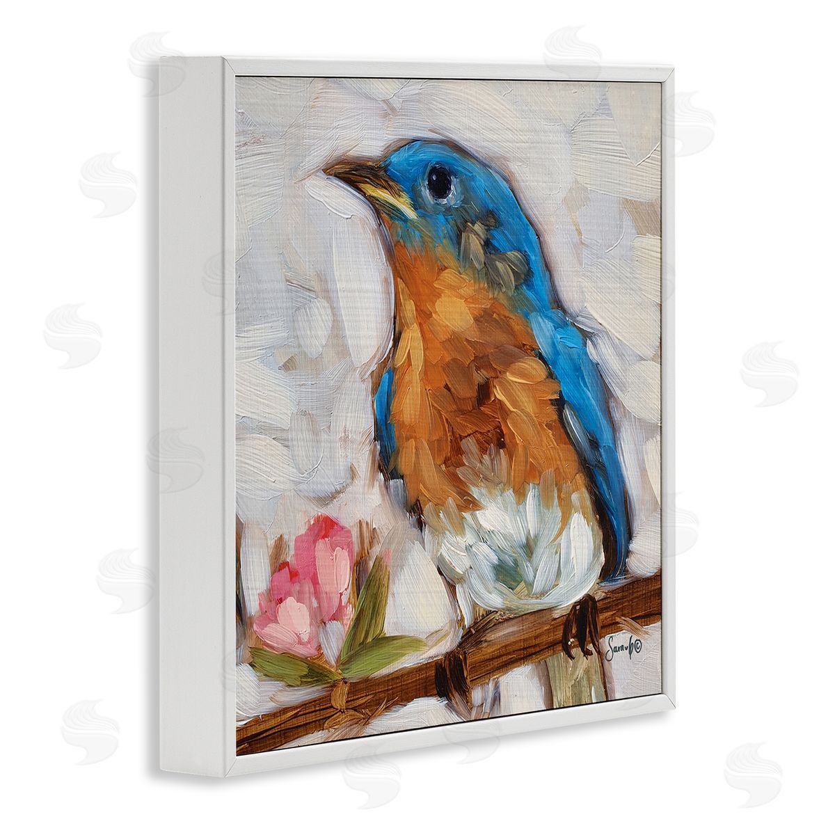 Sara G. Designs Bluebird Wildlife Blooming Flower Tree White Framed Glicee Wall Art Print