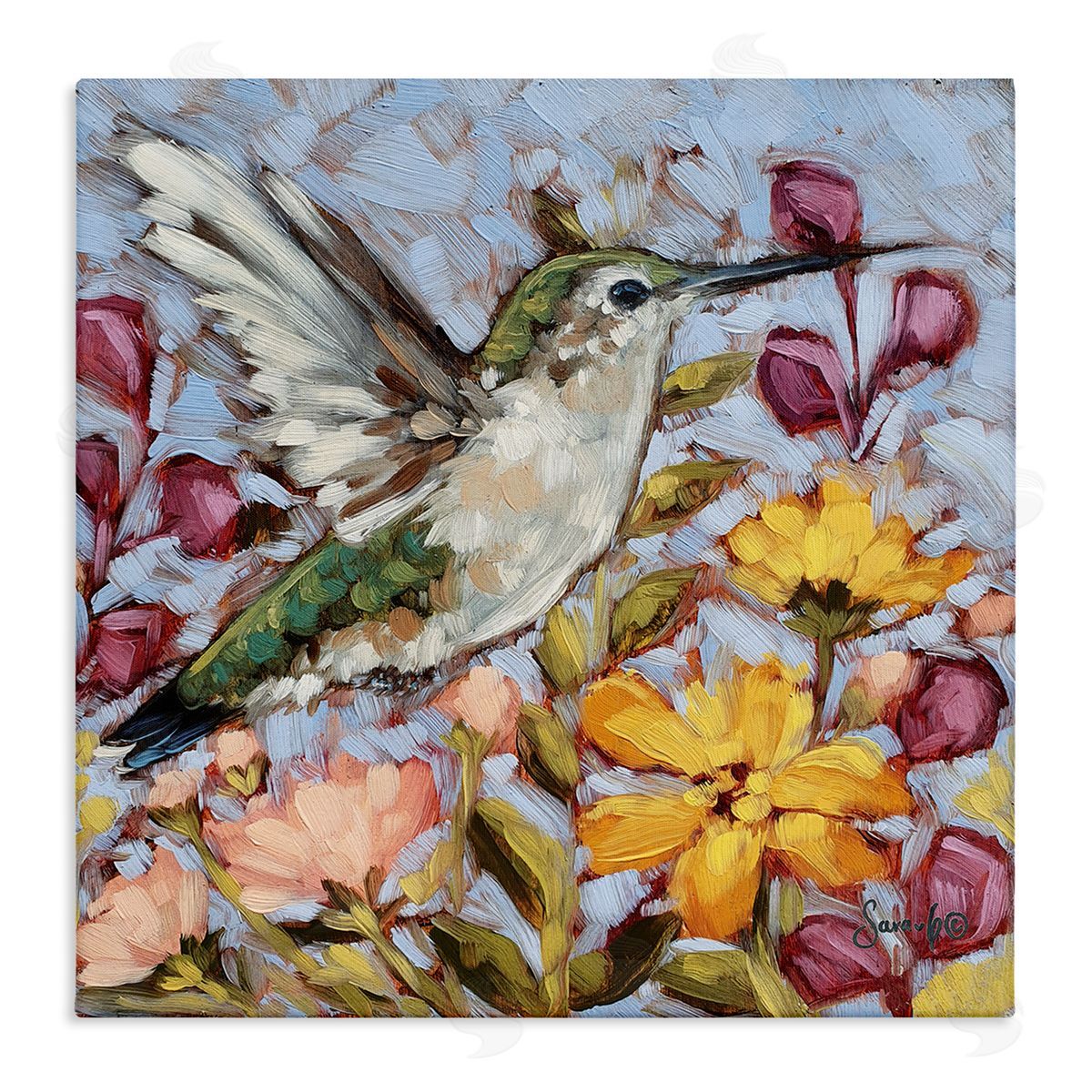 Sara G. Designs Hummingbird Spring Garden Flowers Stretched Canvas Wall Art Print