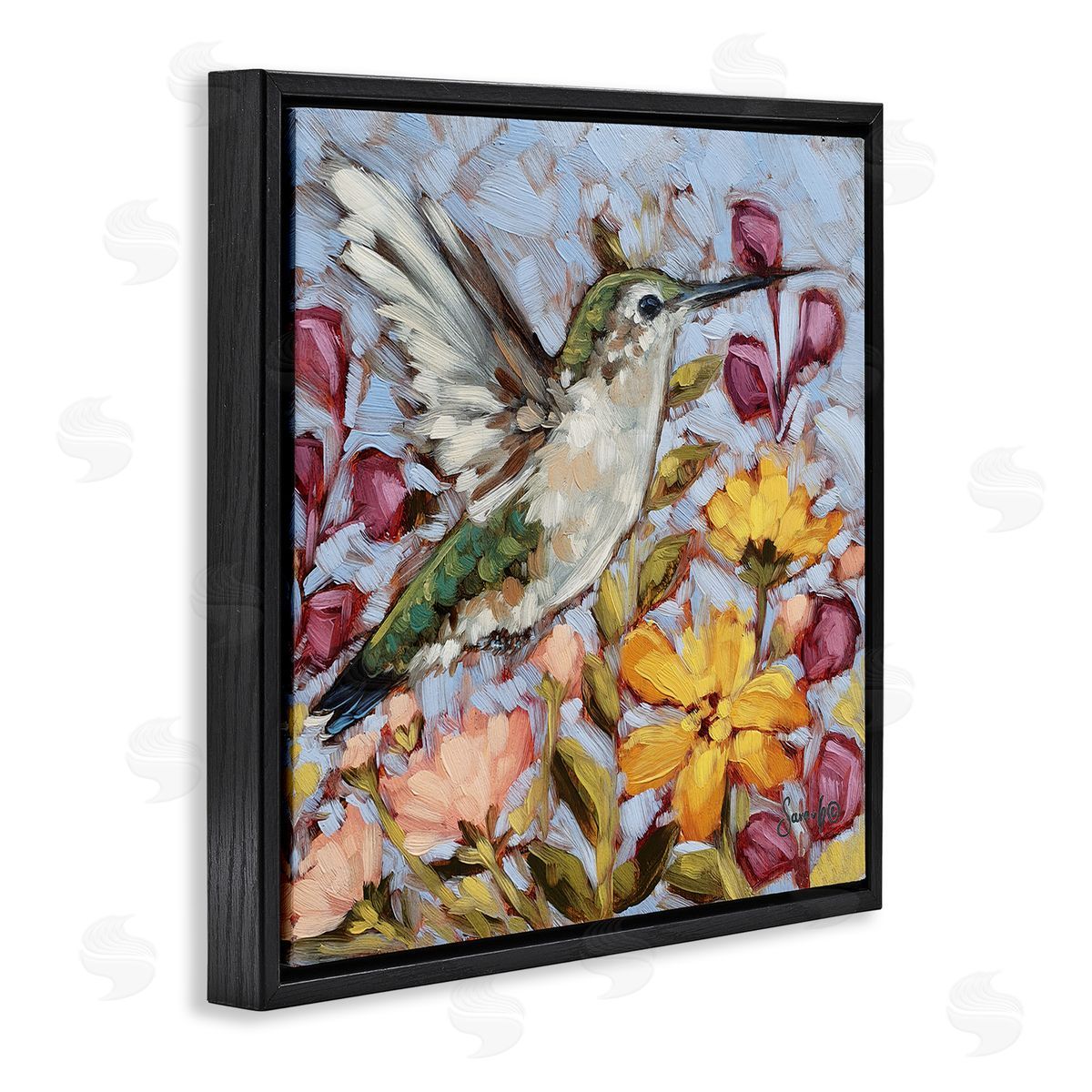 Sara G. Designs Hummingbird Spring Garden Flowers Black Floating Frame Canvas Wall Art Print