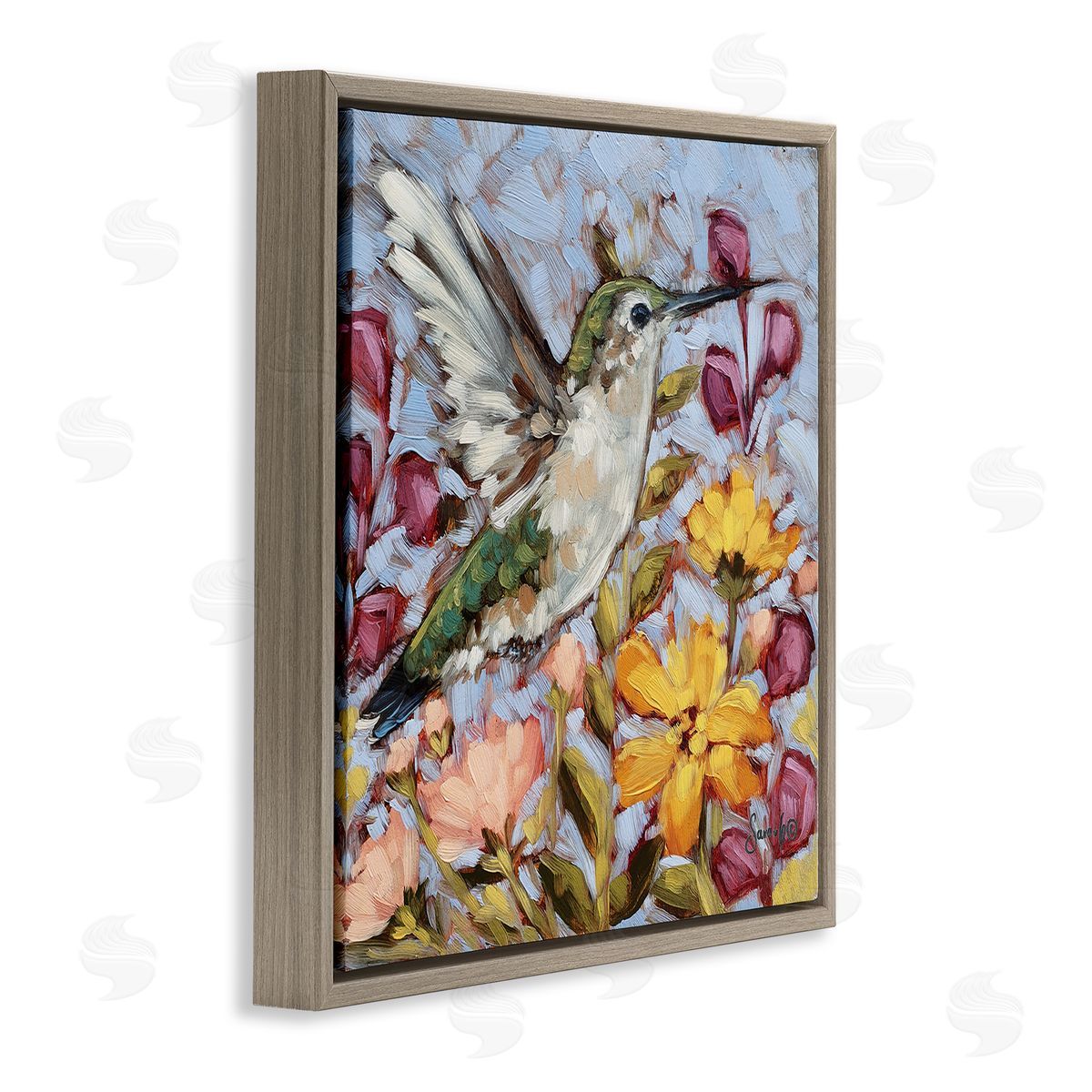 Sara G. Designs Hummingbird Spring Garden Flowers Brown Floating Frame Canvas Wall Art Print
