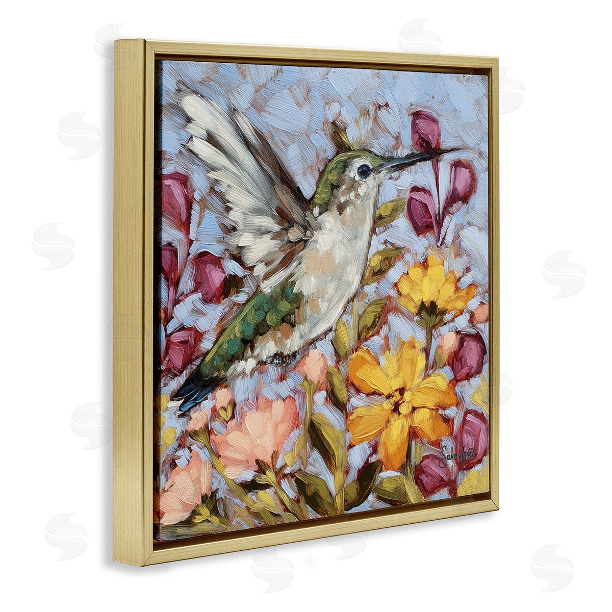 Sara G. Designs Hummingbird Spring Garden Flowers Gold Floating Frame Canvas Wall Art Print