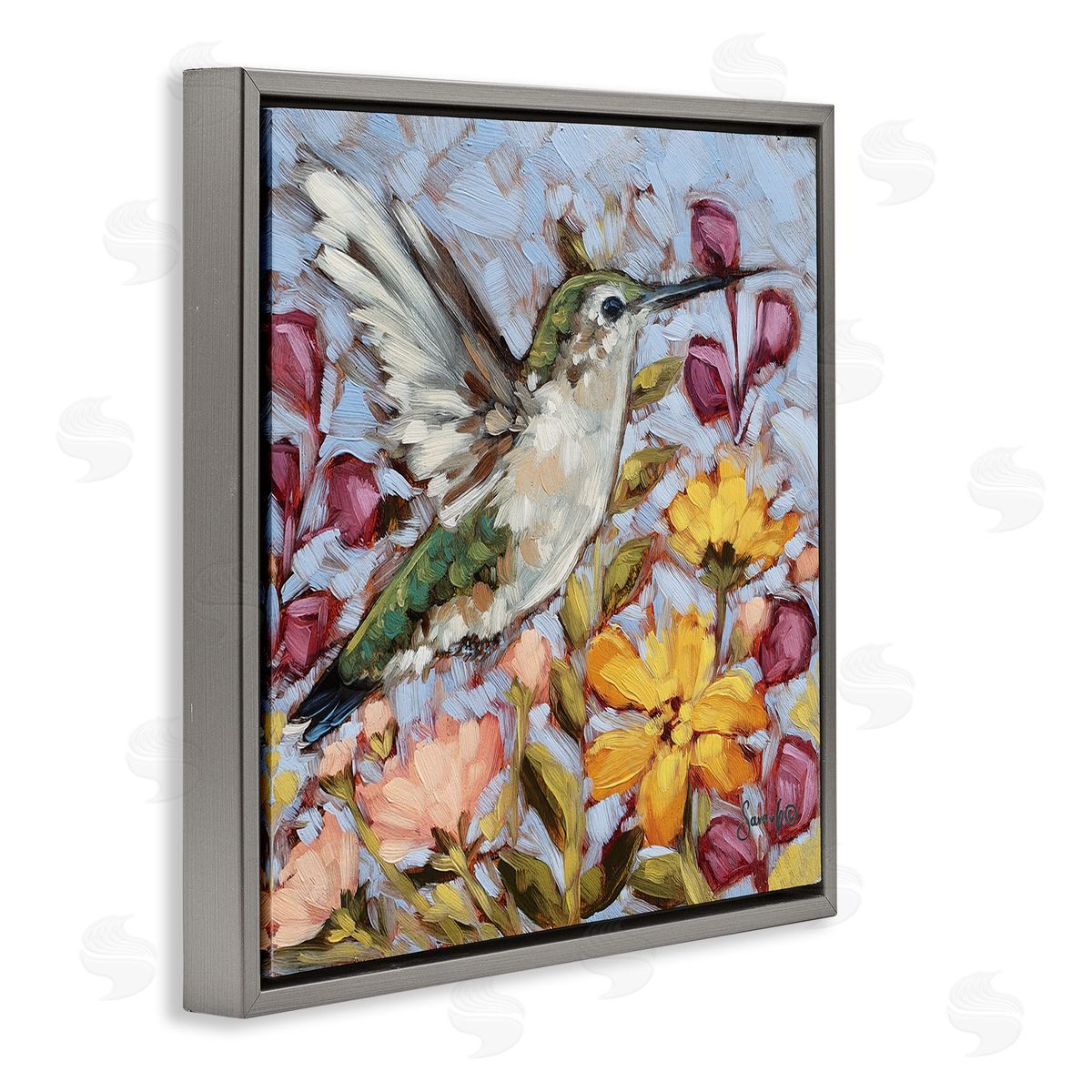 Sara G. Designs Hummingbird Spring Garden Flowers Gray Floating Frame Canvas Wall Art Print