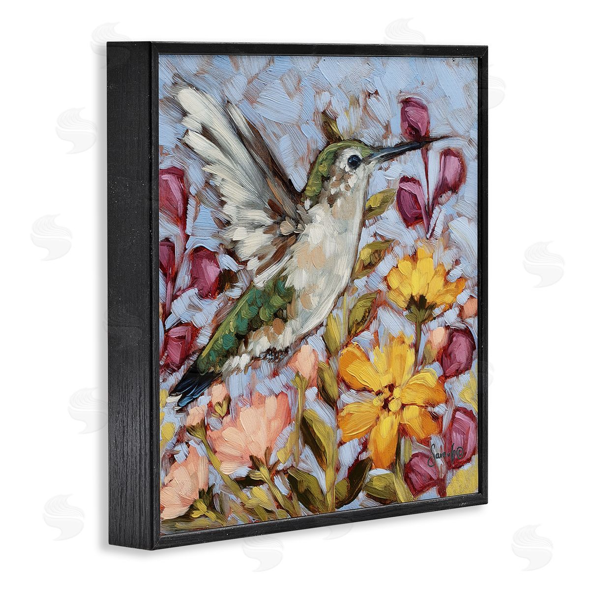 Sara G. Designs Hummingbird Spring Garden Flowers Black Framed Glicee Wall Art Print