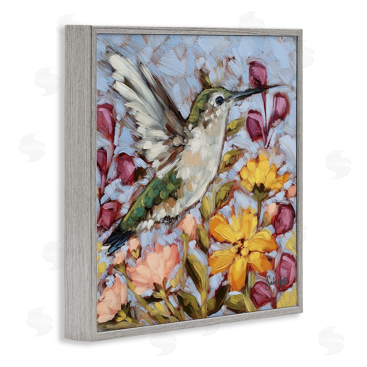 Sara G. Designs Hummingbird Spring Garden Flowers Gray Framed Glicee Wall Art Print