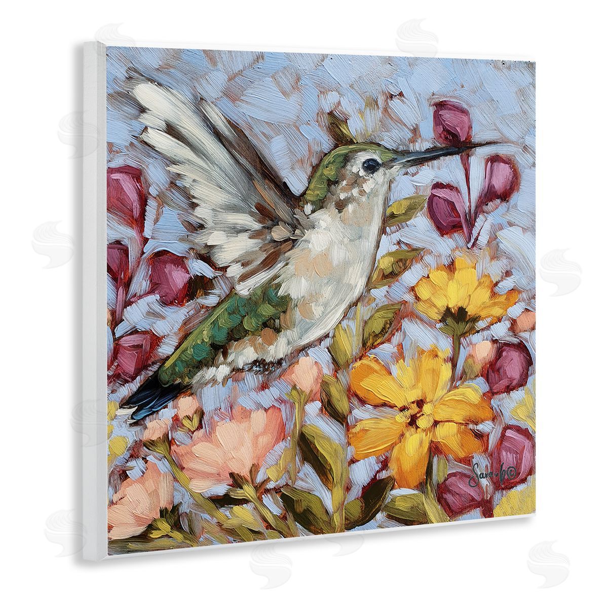 Sara G. Designs Hummingbird Spring Garden Flowers Wooden Wall Plaque Art Print