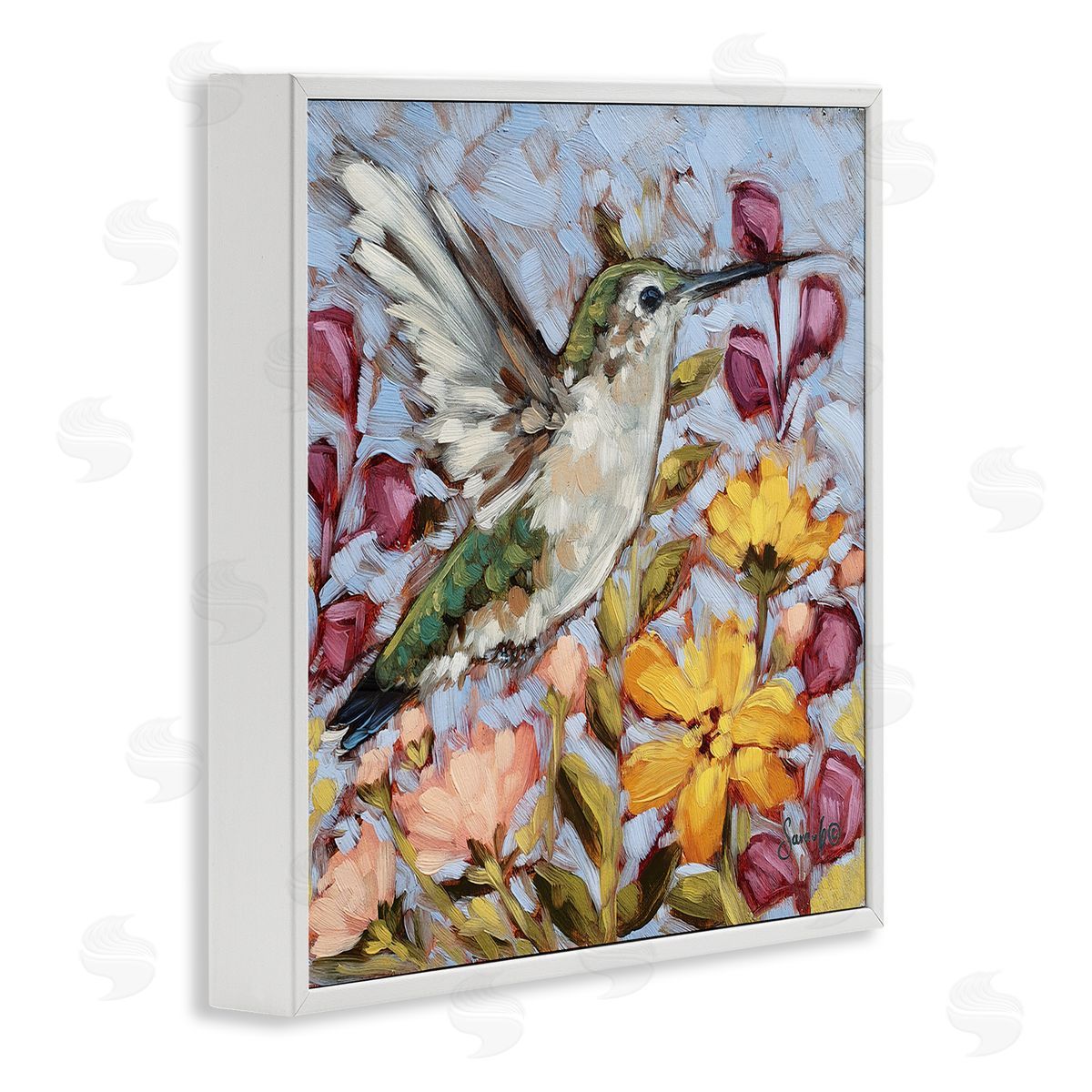 Sara G. Designs Hummingbird Spring Garden Flowers White Framed Glicee Wall Art Print