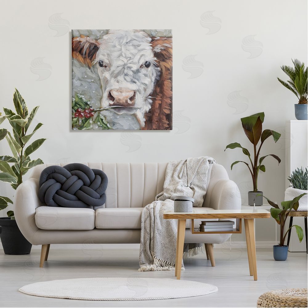 Sara G. Designs Snowy Winter Cow Holly Berries Canvas Wall Art in Room