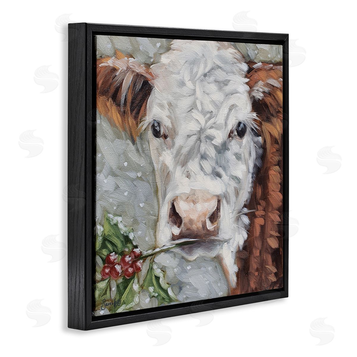 Sara G. Designs Snowy Winter Cow Holly Berries Black Floating Frame Canvas Wall Art Print