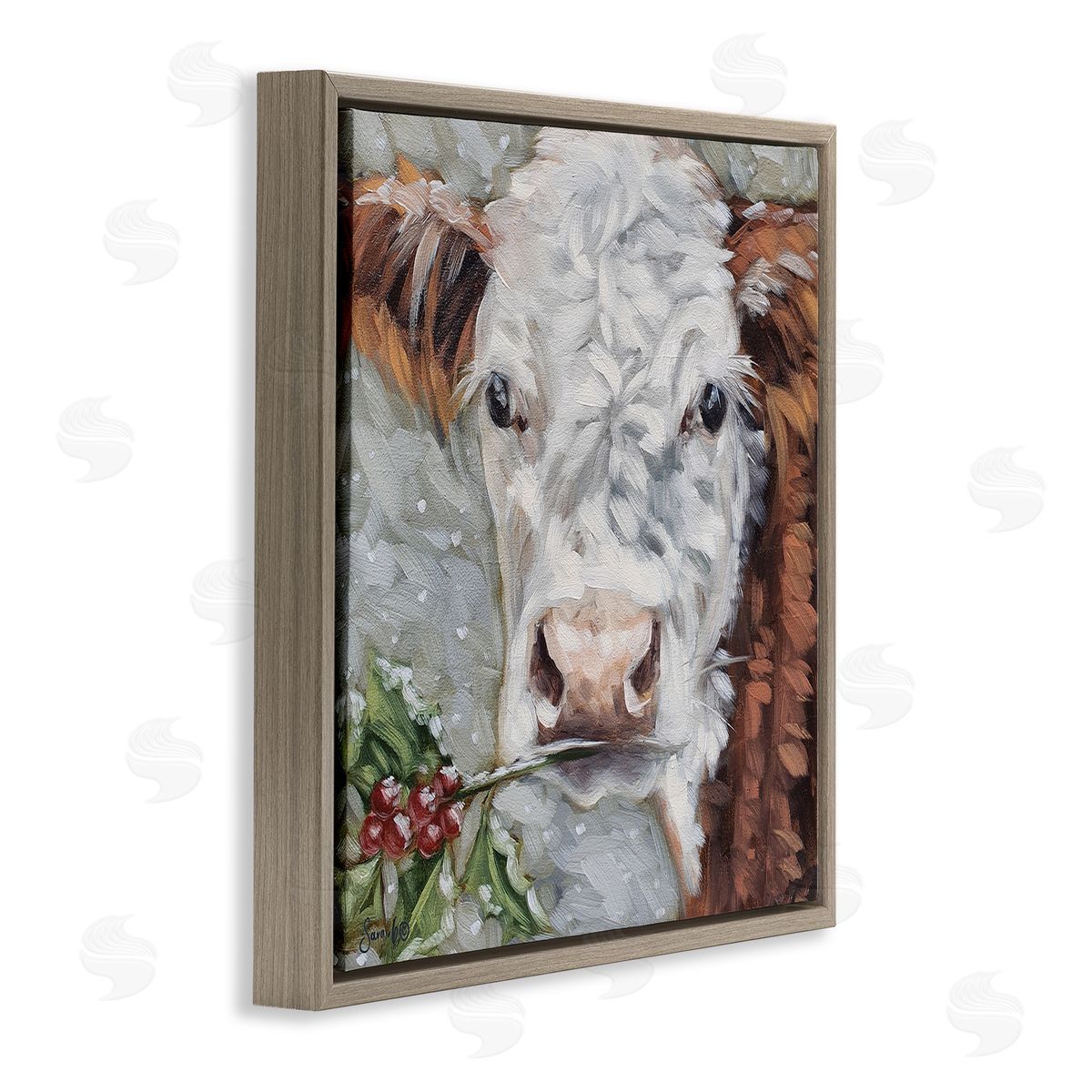 Sara G. Designs Snowy Winter Cow Holly Berries Brown Floating Frame Canvas Wall Art Print