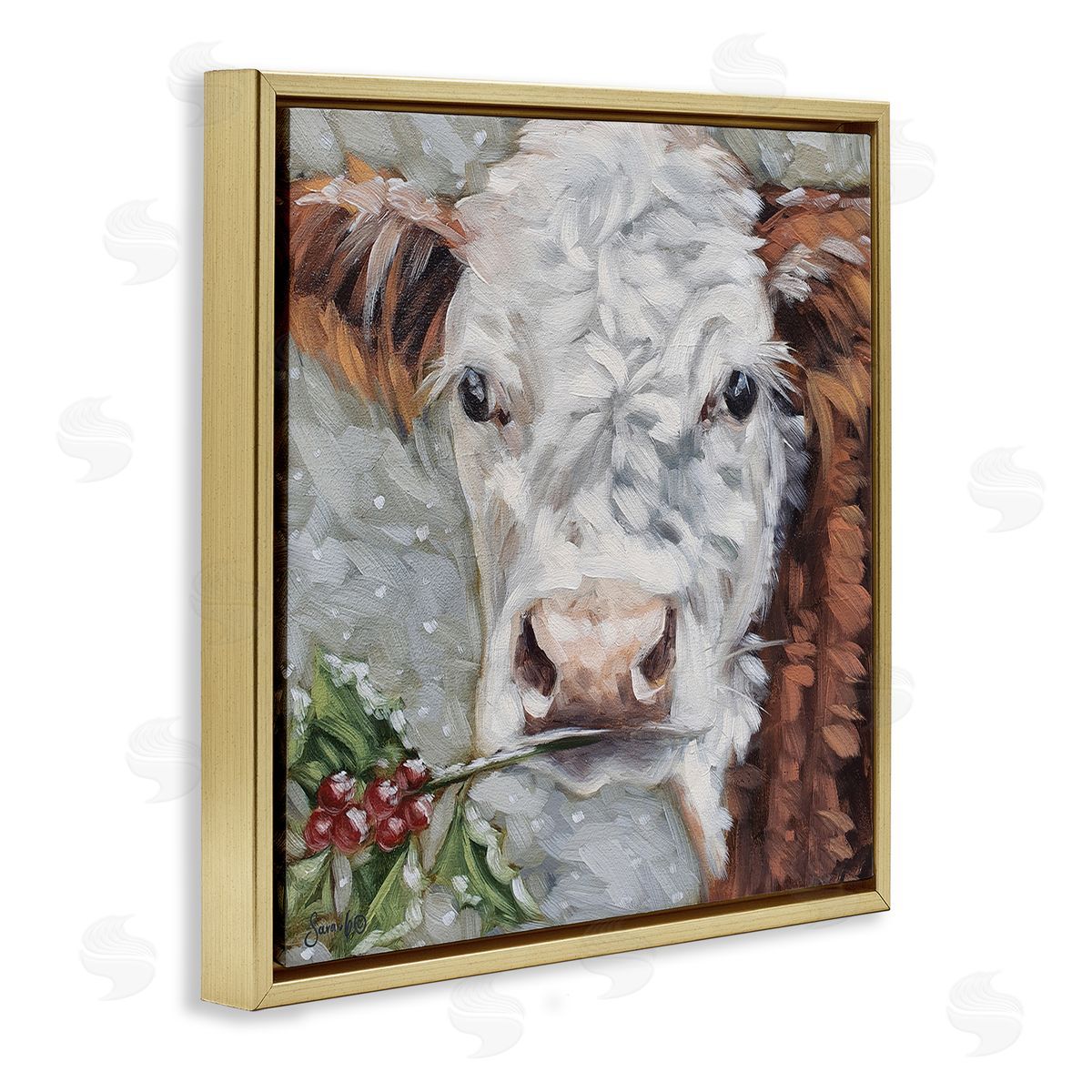 Sara G. Designs Snowy Winter Cow Holly Berries Gold Floating Frame Canvas Wall Art Print