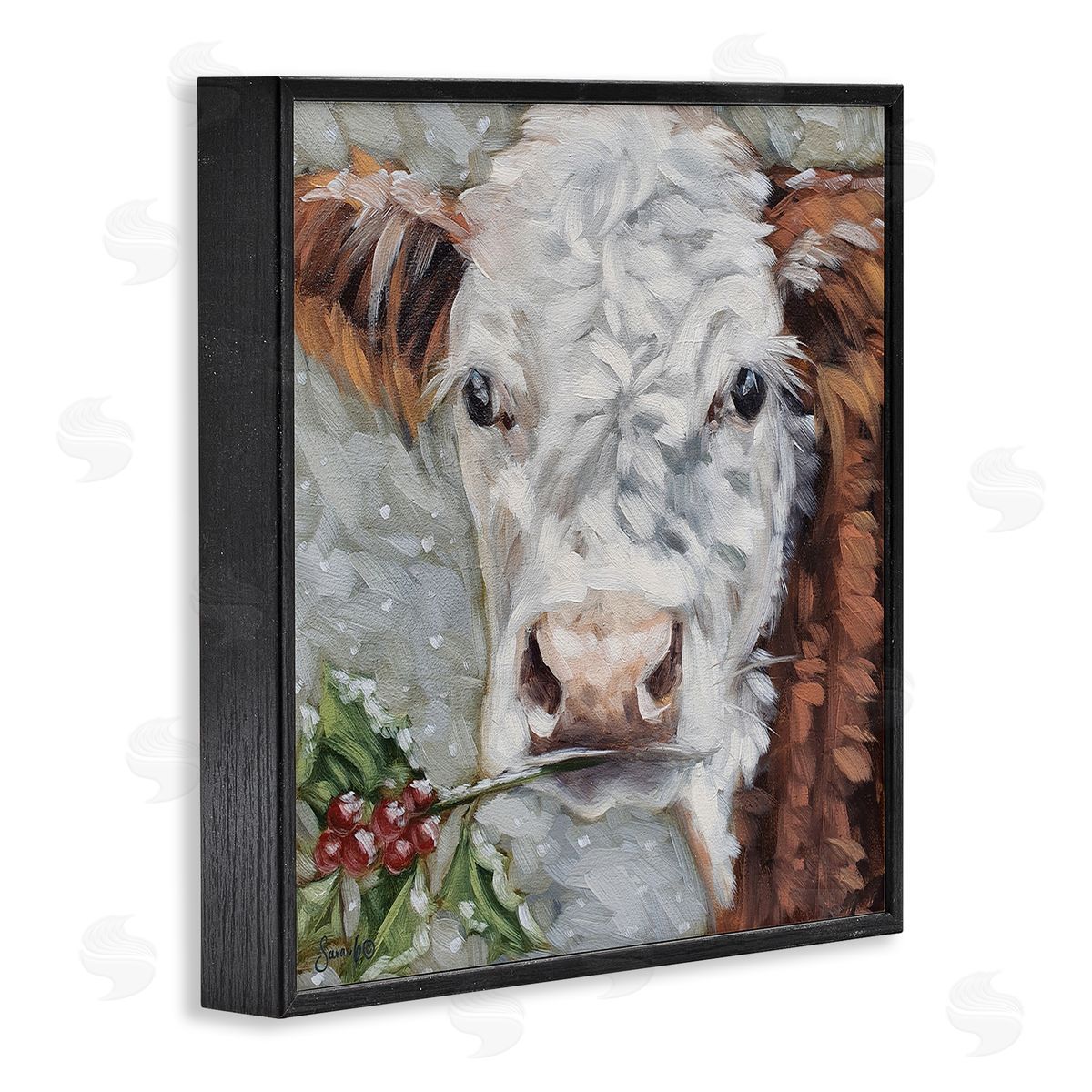 Sara G. Designs Snowy Winter Cow Holly Berries Black Framed Glicee Wall Art Print